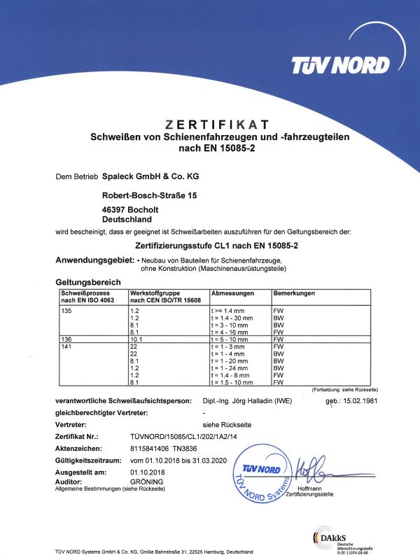Zertifikat Lieferant DIN EN 15085 SPALECK