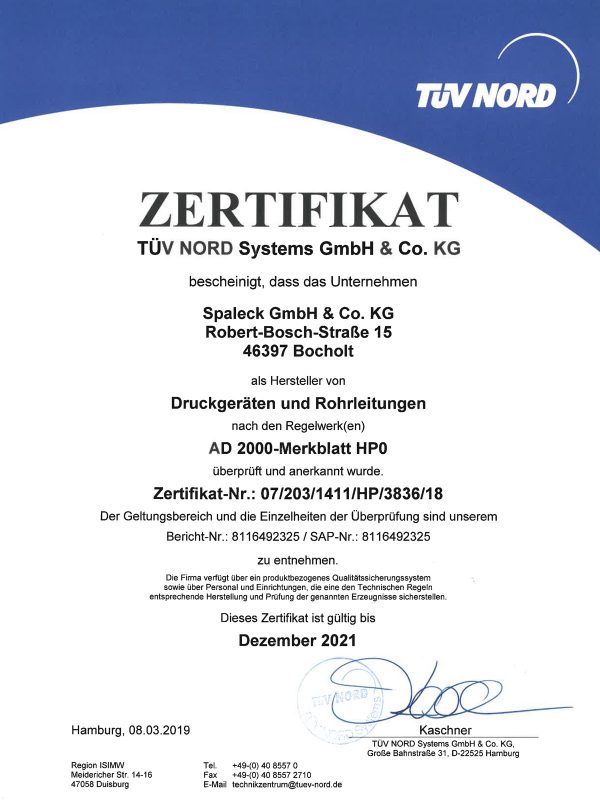 Zertifikat Lieferant Metallverarbeitung SPALECK