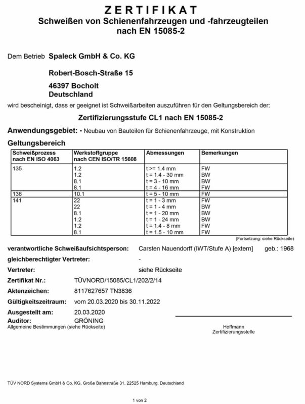 SPALECK CL1 Zertifikat