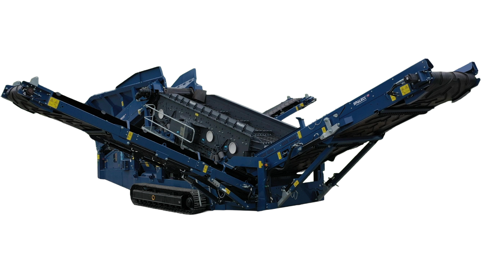 Große blaue Siebmaschine mit Förderbändern, ideal für gebrauchte Siebmaschinen kaufen & mieten.