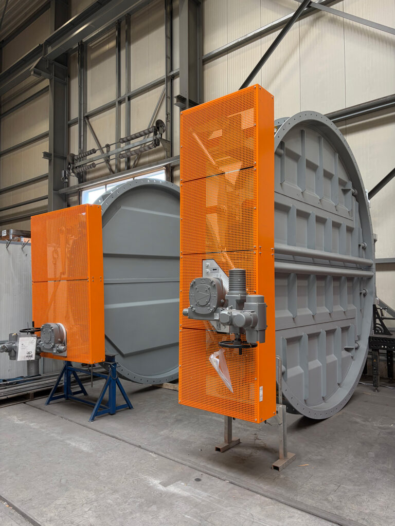 Product view of two flue gas dampers from HMT, ready for acceptance at a cement plant