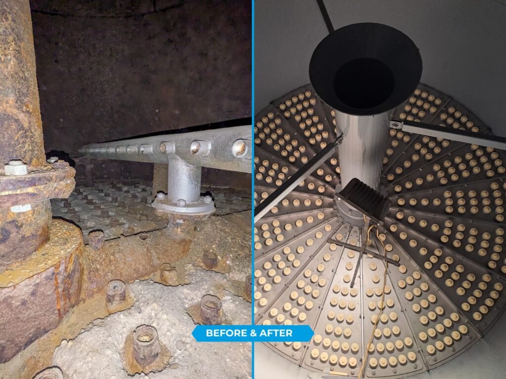 Auf der linken Seite ein alter versoptfter Kiesfilter zur Wasseraufberietung. Auf der rechten Seite der Blick von oben auf den neuen Filter.